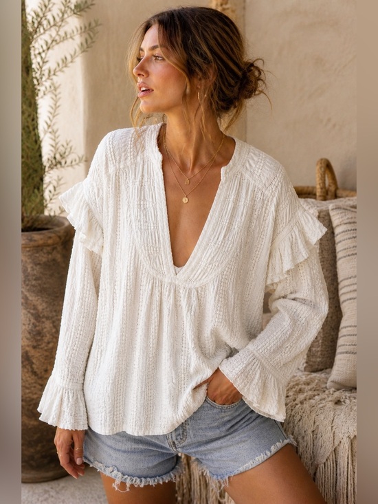 Free People Tops - Free People romantic boho lace deep v cottagecore blouse  ivory ruffle sleeve S